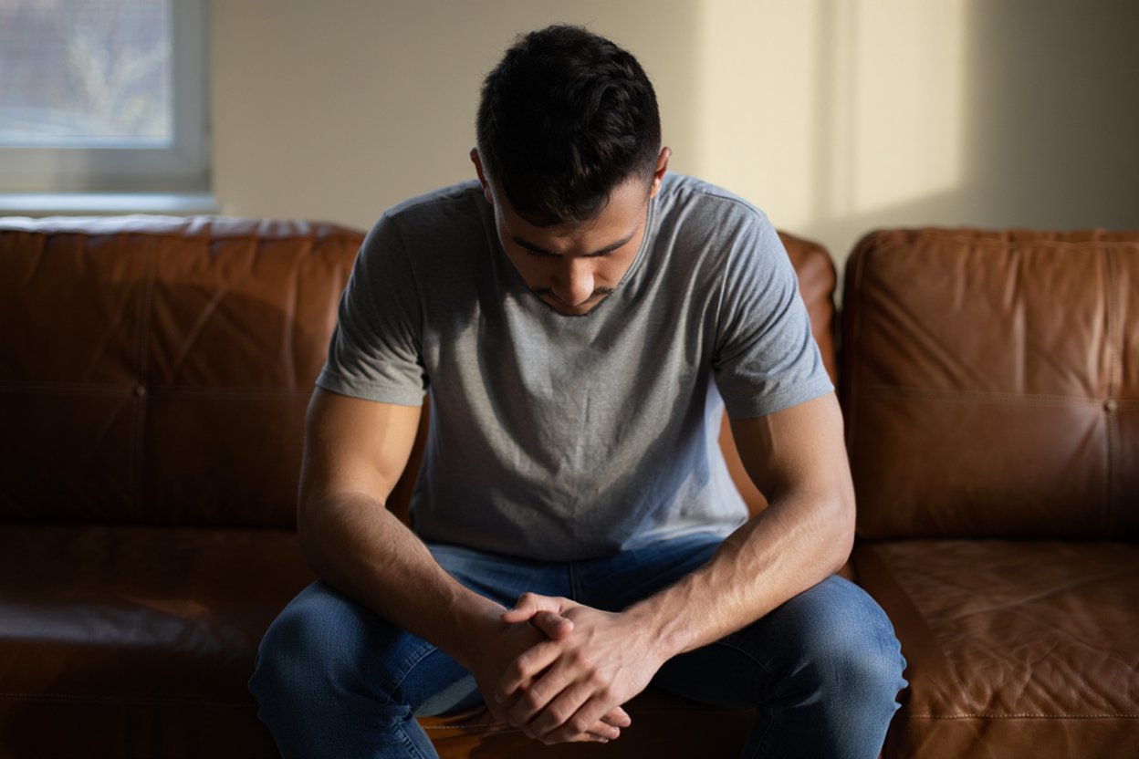 Грустный мужчина сидит на диване