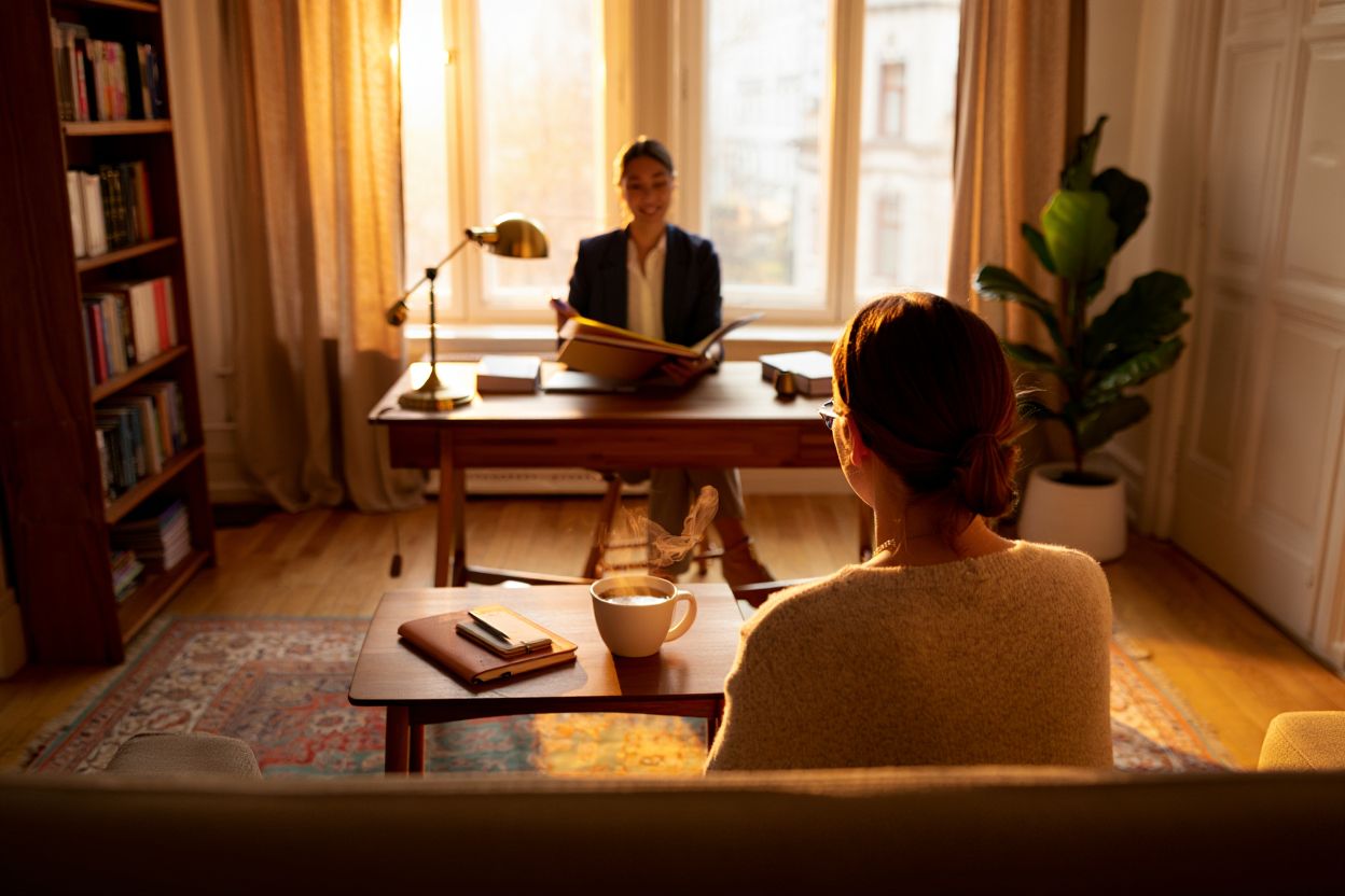 Мужчина сидит в кресле на консультации